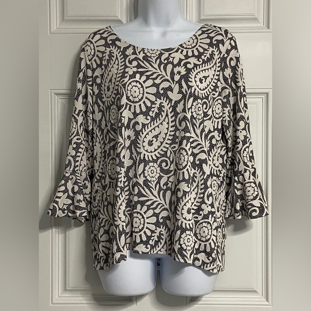 5- Double Take Black-White Boho Knit Paisley-Floral Embossed Top